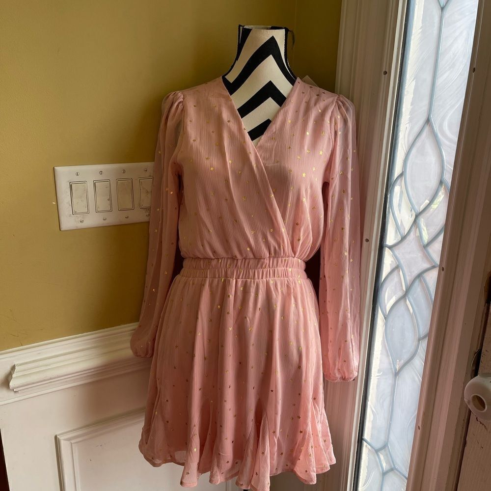 NWT Francescaās Trixxi pink gold star flutter ruffle mini dress longāsleeve SZM